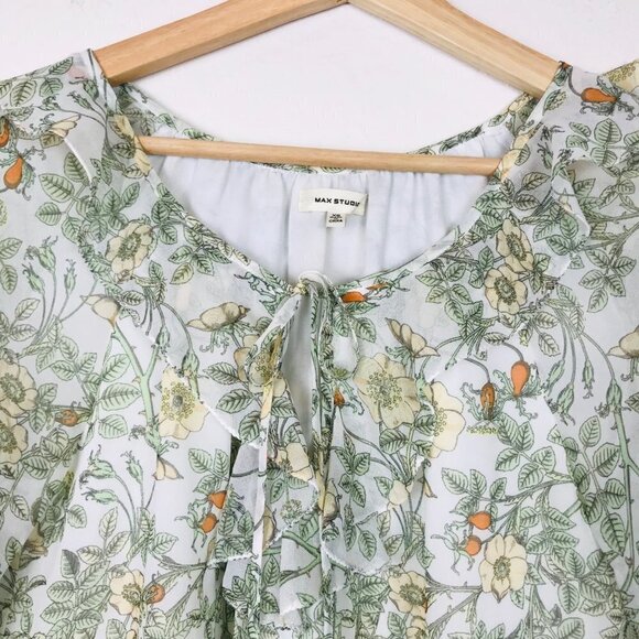 Max Studio Green Floral Balloon Sleeve Top Size X-Small - Picture 3 of 8